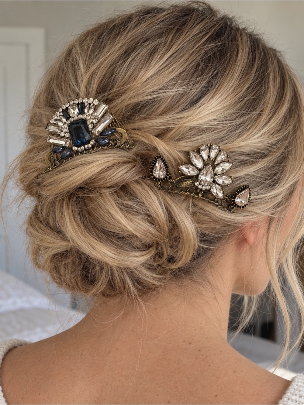Jeweled Hair Comb Set in Blue & Clear Stones - Like New